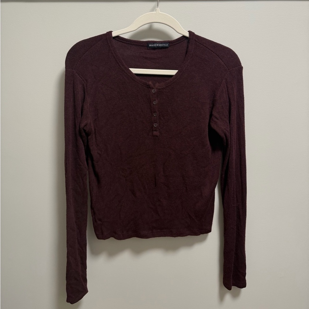 Brandy Melville Long-Sleeve Maroon Henley Button Up Top